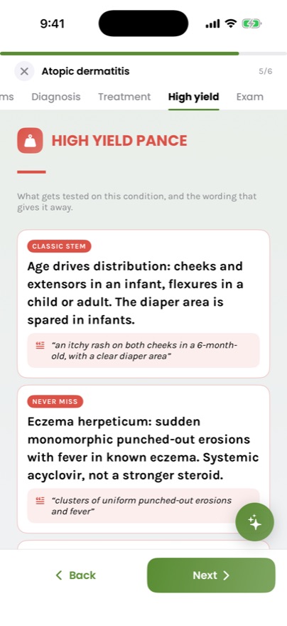 The High Yield PANCE page of a lesson, listing what gets tested and the stem wording that signals it.