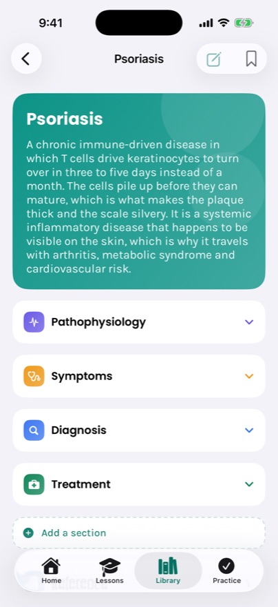 The psoriasis reference page, with pathophysiology, symptoms, diagnosis and treatment sections.